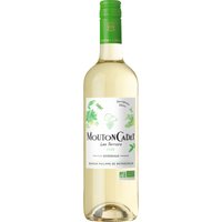 Der Mouton Cadet Sauvignon Blanc Bio aus dem Jahr 2023 erstrahlt im Glas in einem hell glänzenden