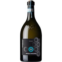 Borgo Molino Prosecco Frizzante präsentiert sich in einem strahlenden Strohgelb. Die feine Perlage und der Duft